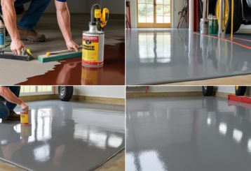 Step-by-step process of applying and finishing a glossy gray epoxy coating on a Magna, UT garage floor, showing preparation, application, and the final smooth result.
