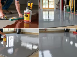 Professional Epoxy Garage Floor Installation – Magna, UT Step-by-step process of applying and finishing a glossy gray epoxy coating on a Magna, UT garage floor, showing preparation, application, and the final smooth result.