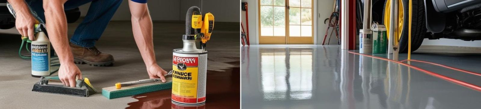 Step-by-step process of applying and finishing a glossy gray epoxy coating on a Magna, UT garage floor, showing preparation, application, and the final smooth result.