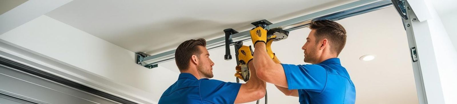 Two technicians in blue uniforms installing a new overhead garage door inside a Magna, UT garage, using tools to secure the tracks.