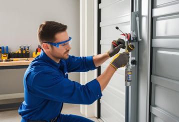 A professional technician in blue uniform using tools to inspect and maintain the hardware on a residential garage door track in Magna, Utah.