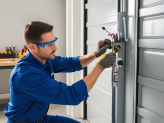 Technician Performing Garage Door Maintenance – Magna, UT A professional technician in blue uniform using tools to inspect and maintain the hardware on a residential garage door track in Magna, Utah.