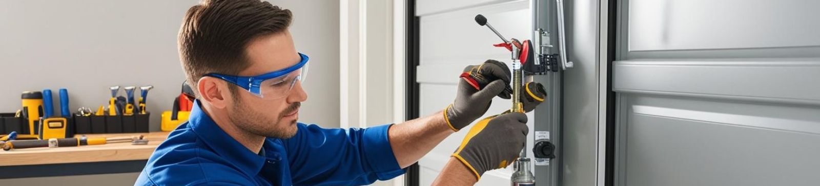 A professional technician in blue uniform using tools to inspect and maintain the hardware on a residential garage door track in Magna, Utah.