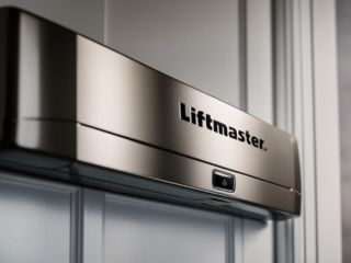 LiftMaster Garage Door Opener – Professional Installation Magna, UT Close-up of a modern LiftMaster garage door opener mounted on a white paneled garage ceiling in Magna, Utah.