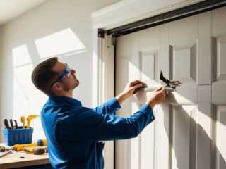 Technician Repairing Damaged Garage Door Panel – Magna, UT A professional technician in a blue uniform using tools to repair a damaged garage door panel inside a well-lit Magna, UT garage.
