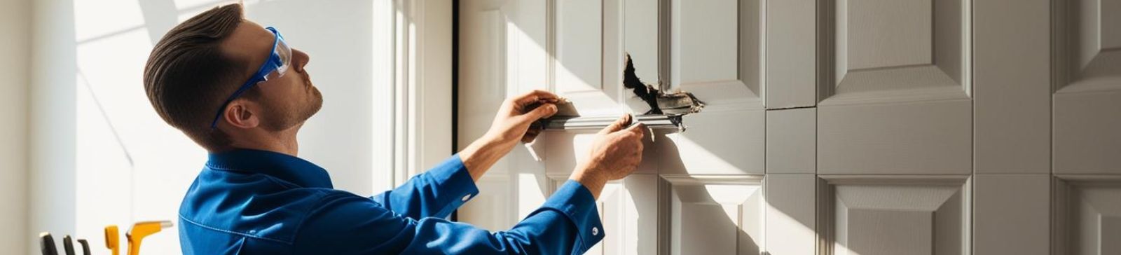 A professional technician in a blue uniform using tools to repair a damaged garage door panel inside a well-lit Magna, UT garage.
