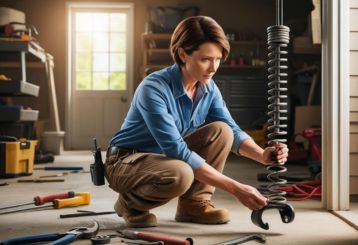 A skilled technician kneeling in a Magna garage, carefully handling a large garage door torsion spring surrounded by professional tools.
