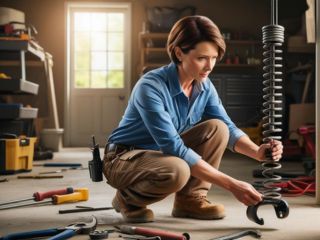 Technician Replacing Garage Door Spring – Magna, UT A skilled technician kneeling in a Magna garage, carefully handling a large garage door torsion spring surrounded by professional tools.