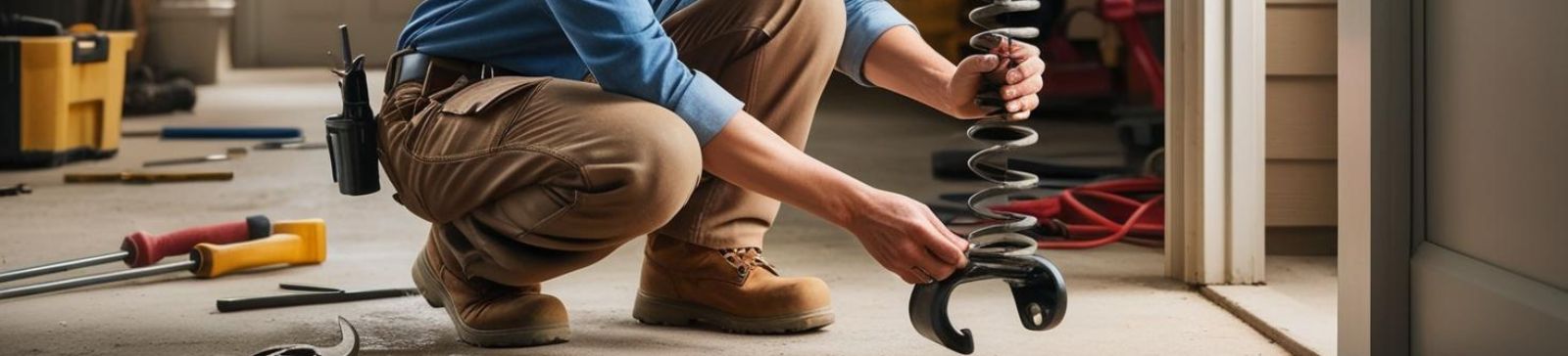 A skilled technician kneeling in a Magna garage, carefully handling a large garage door torsion spring surrounded by professional tools.