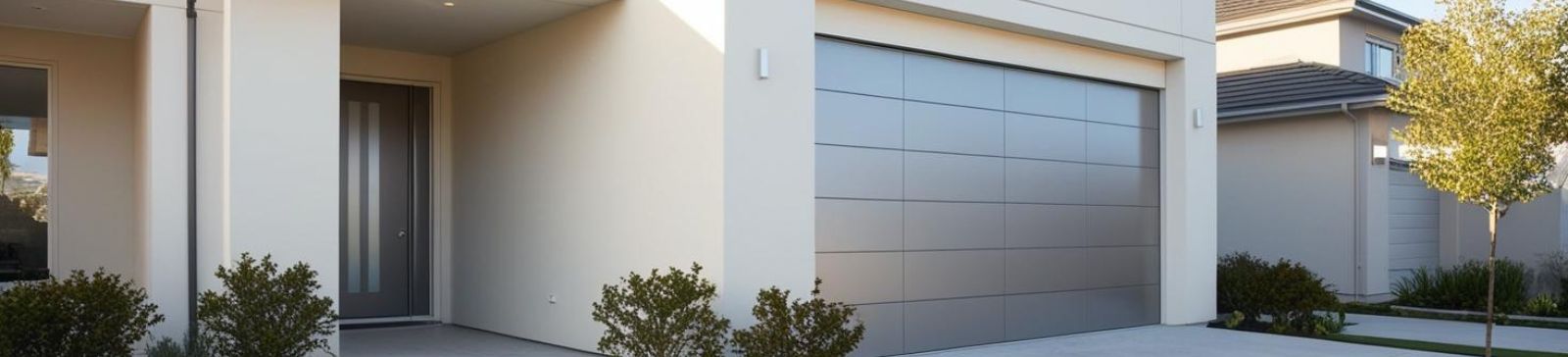 Modern home in Magna, Utah with a sleek, gray sectional garage door and clean landscaping, representing professional garage door repair and installation services.