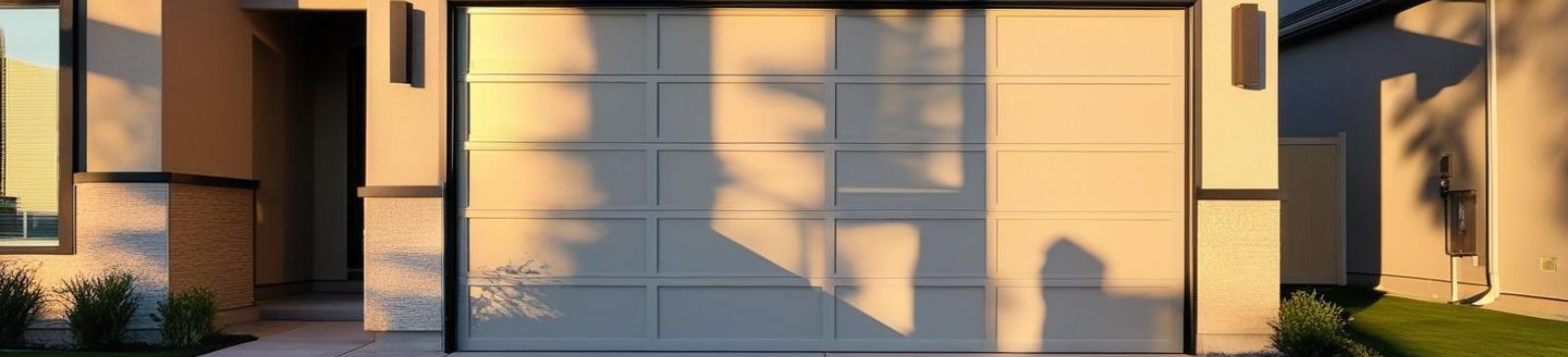 Contemporary beige garage door on a Magna, Utah home, illuminated by evening sunlight with crisp landscaping and clean architectural lines.