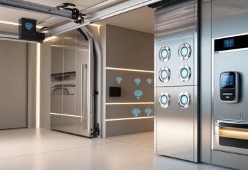 High-tech garage interior in Magna, Utah, featuring a modern overhead door, smart control panels, and Wi-Fi connectivity icons on the wall.