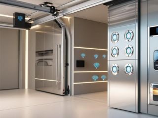 Futuristic Smart Garage Door System – Magna 2025 High-tech garage interior in Magna, Utah, featuring a modern overhead door, smart control panels, and Wi-Fi connectivity icons on the wall.